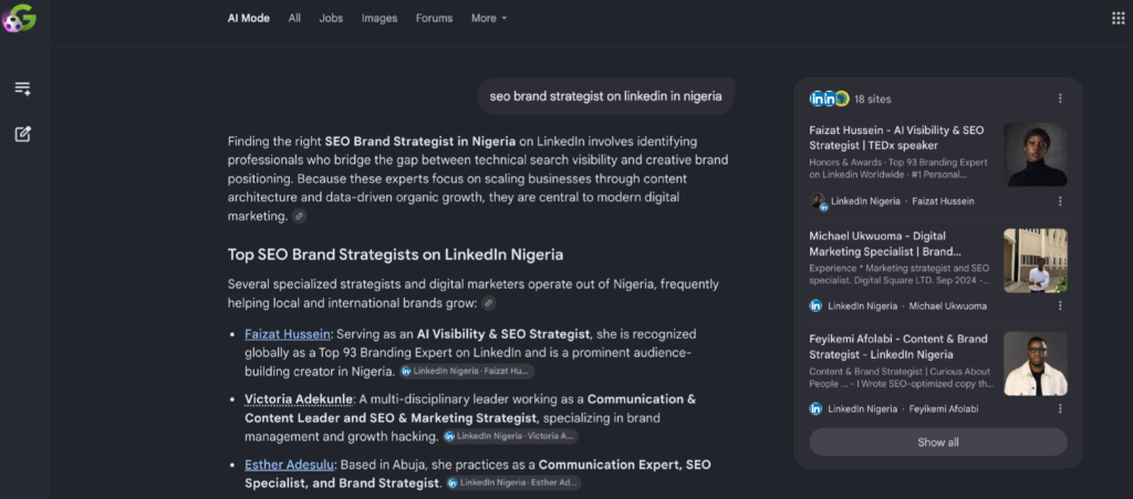 A Generative Engine Optimization Case Study: Google AI Mode recommending Faizat Hussein as an SEO brand strategist in Nigeria