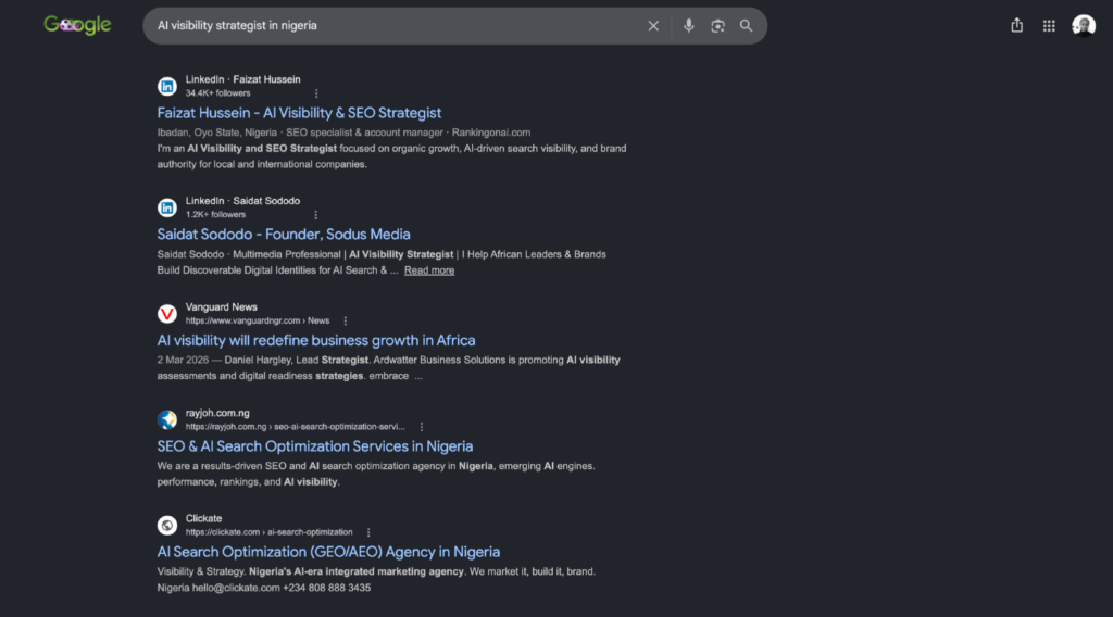 Faizat Hussein ranking #1 organically for "AI visibility strategist in Nigeria"