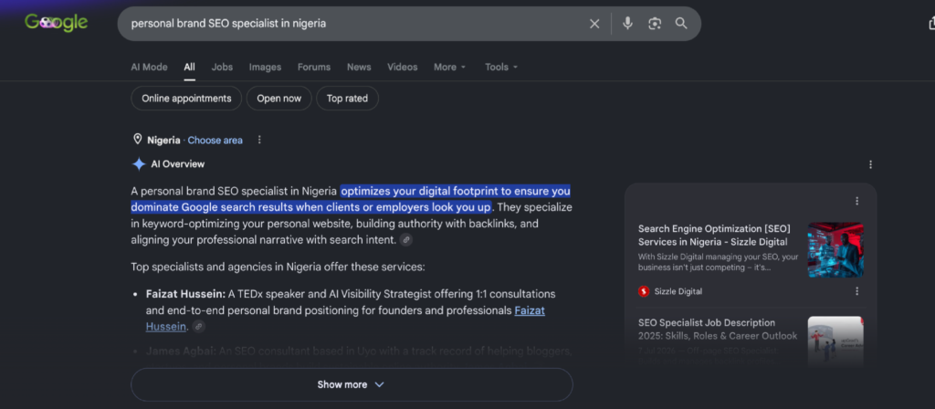 A Generative Engine Optimization Case Study: Google AI overview recommending Faizat Hussein as an SEO brand strategist in Nigeria