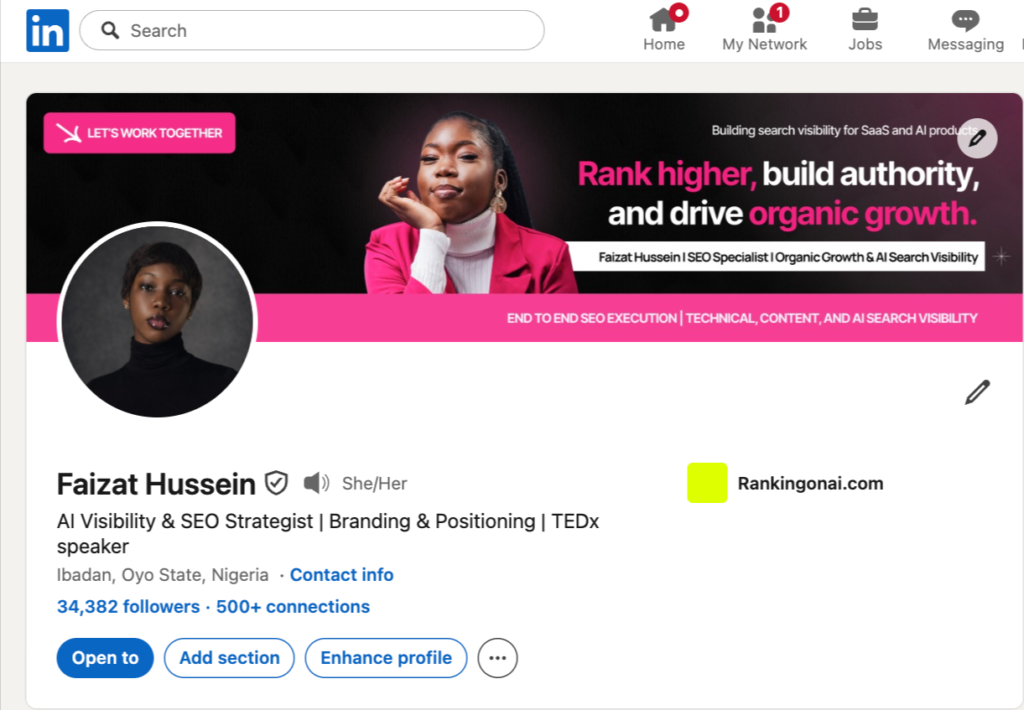 Faizat Hussein's LinkedIn profile showing 34.4K+ followers in Google search results
