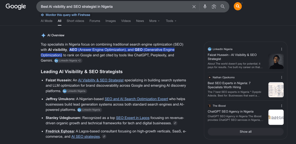 Discover the best AI visibility and SEO strategists in Nigeria, their specialties, experience, and proven results.
